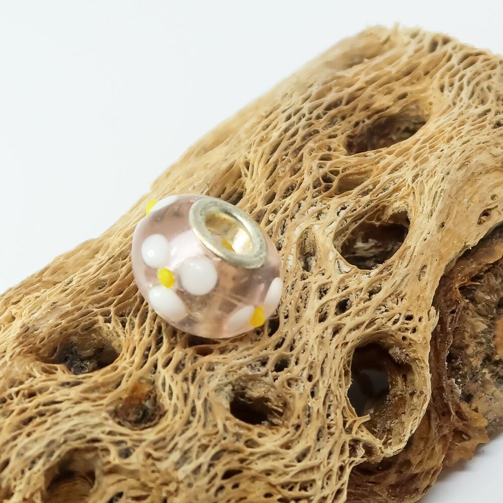 Pink Floral European Glass Charm Bead with Silver Core Center